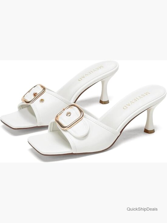 Shoes - Square Toe Kitten Heel Mules, Cushioned Slip On Dressy Sandals with Buckle Strap